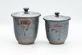 Japanese Teacups - Pair of Tenmoku Drip-Glazed Lidded Meoto Yunomi