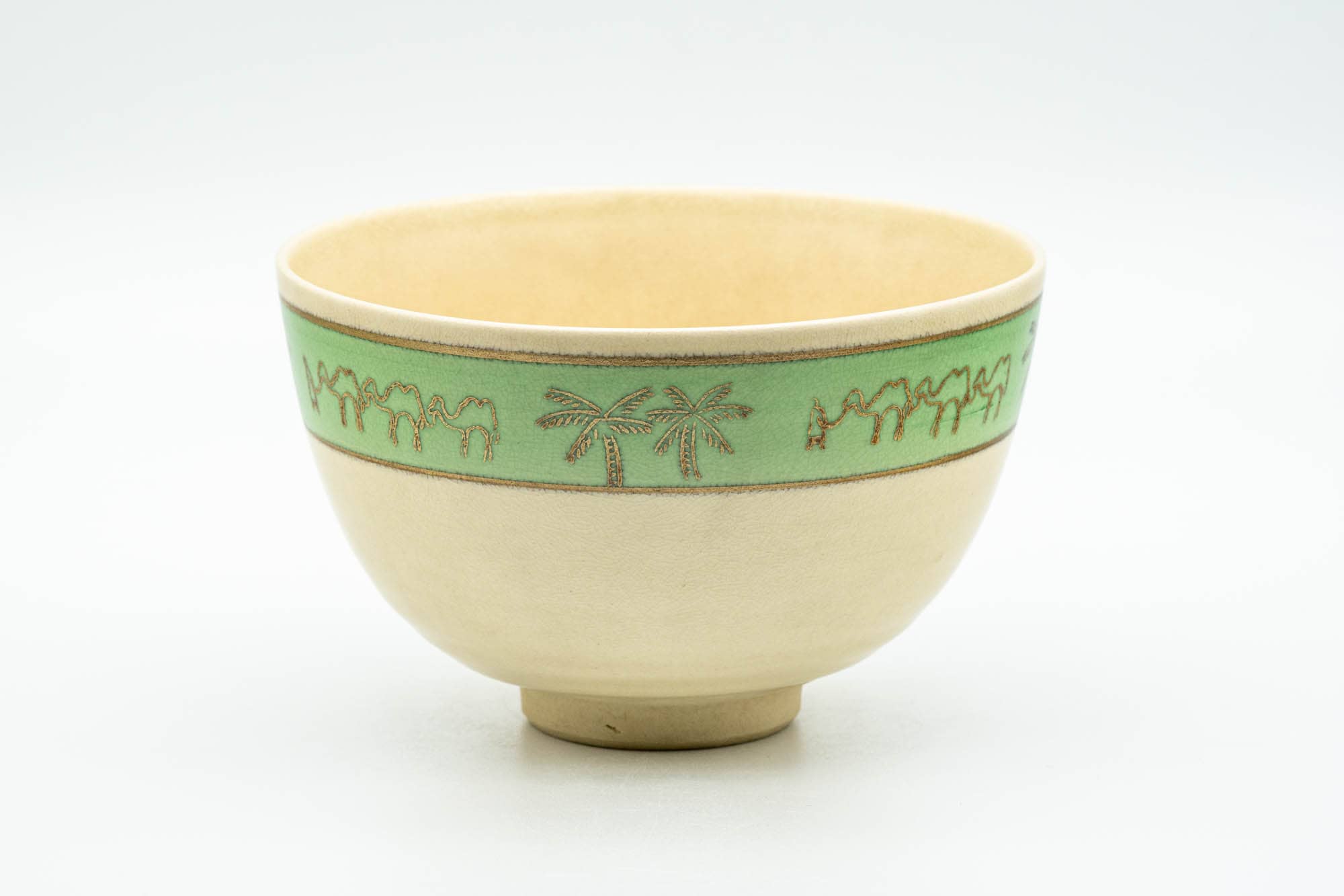 Japanese Matcha Bowl - Camel Green Palm Trees Kyo-yaki Chawan - 300ml