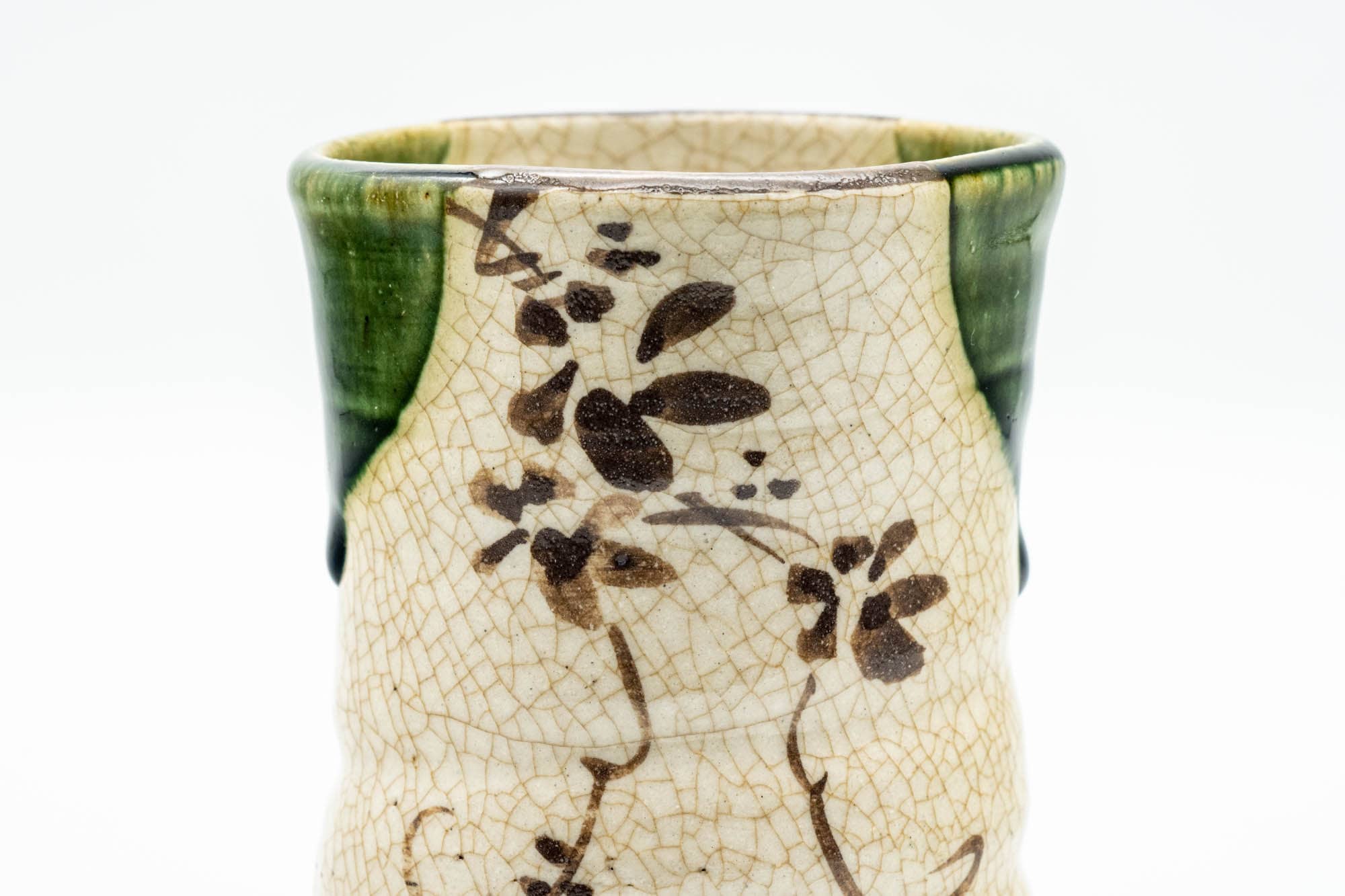 Japanese Teacup - Beige Green Drip-Glazed Floral Oribe-yaki Yunomi - 180ml