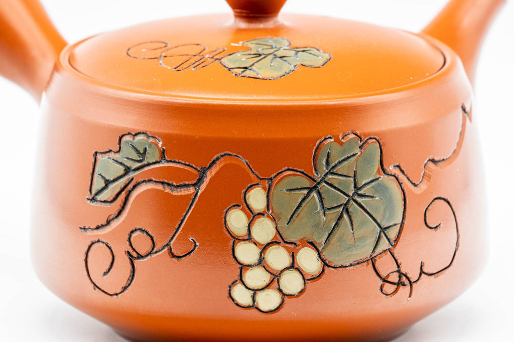 Japanese Kyusu - Grapevine Engraved Tokoname-yaki Obi-ami 360 Mesh Teapot - 370ml