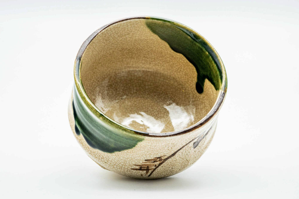 Japanese Matcha Bowl - Beige Green Glazed Oribe-yaki Chawan - 350ml
