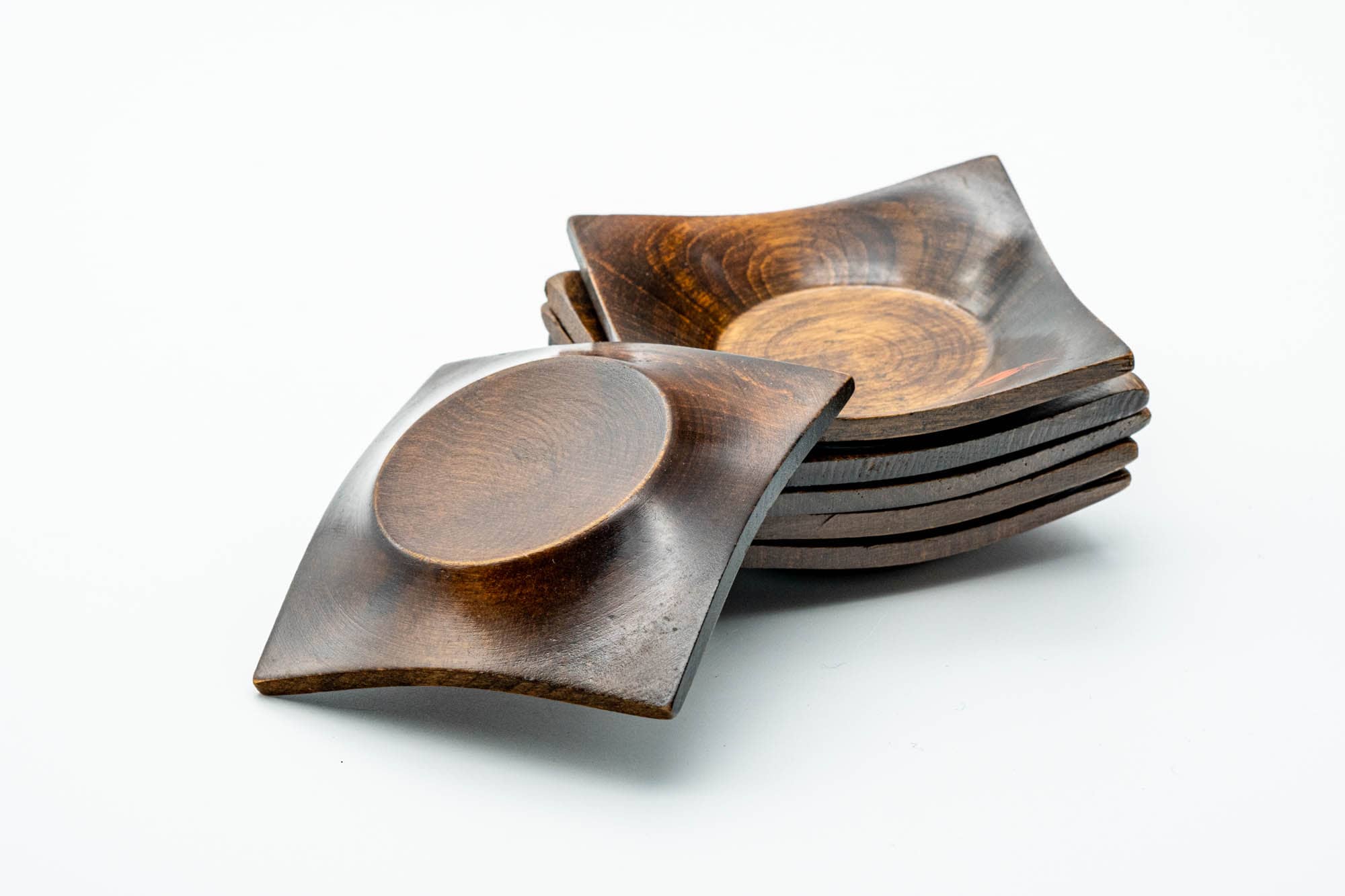 Japanese Chataku - Set of 6 Small Floral Square-shaped Wooden Tea Saucers