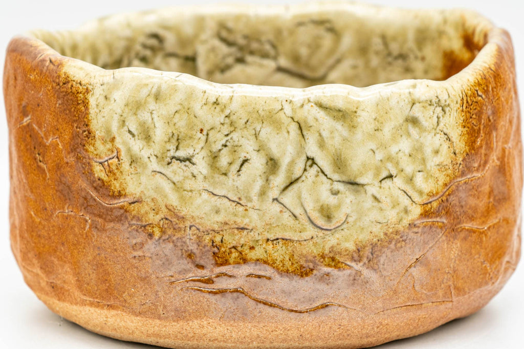 Japanese Matcha Bowl - Green Orange Glazed Flat-Base Wabi-Sabi Chawan - 250ml