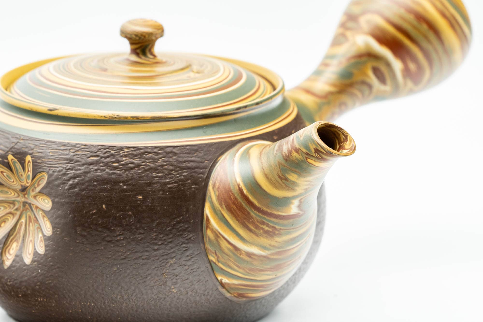 Japanese Kyusu - Engraved Floral Nerikomi Textured Tokoname-yaki Debeso Teapot - 240ml