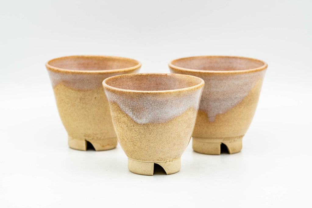 Japanese Teacups - Set of 3 Small Beige Drip-Glazed Hagi-yaki Guinomi - 35ml