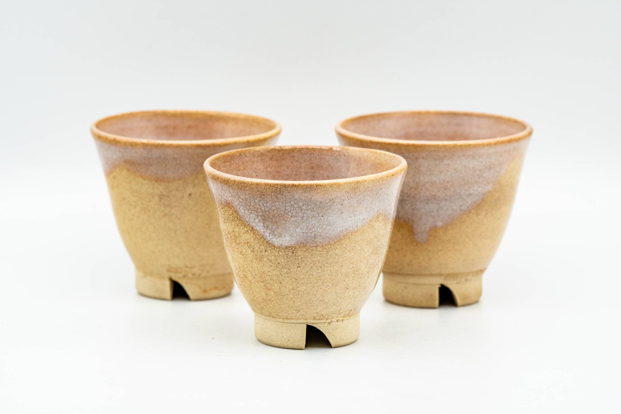 Japanese Teacups - Set of 3 Small Beige Drip-Glazed Hagi-yaki Guinomi - 35ml