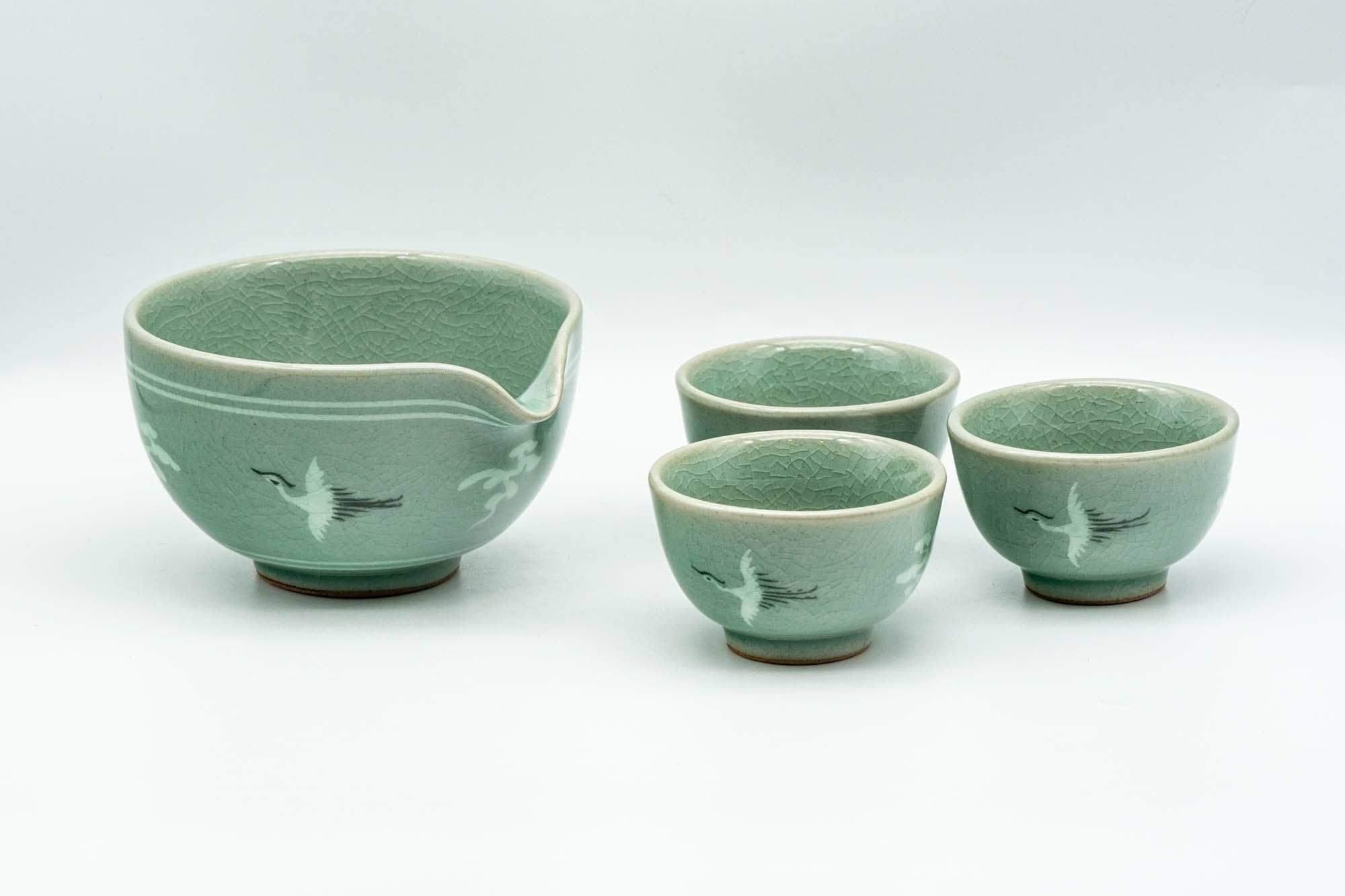 Korean Tea Set - Egret Green Celadon Katakuchi Water Cooler and 3 Guinomi Teacups