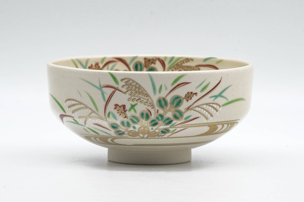 Japanese Matcha Bowl - Green Gold Floral Kyo-yaki Chawan - 200ml