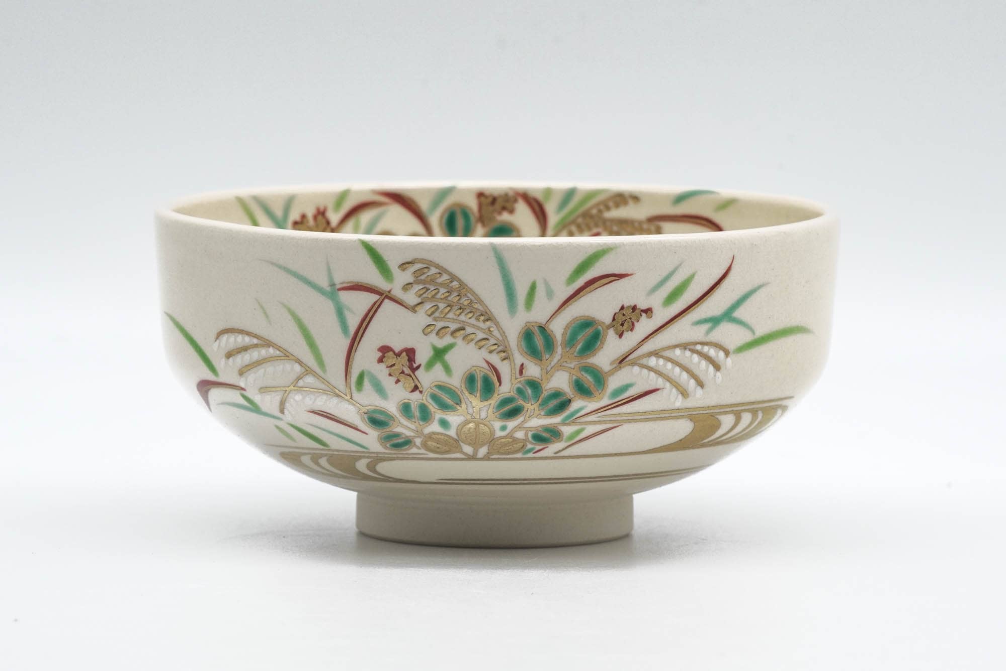 Japanese Matcha Bowl - Green Gold Floral Kyo-yaki Chawan - 200ml