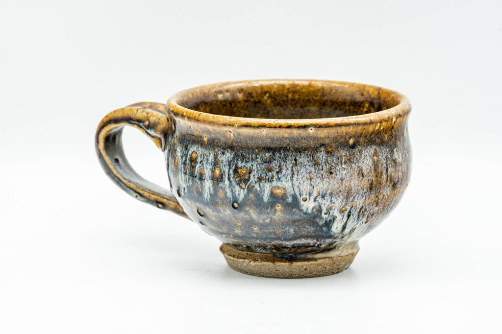 Japanese Teacup - Brown White Drip-Glazed Rear-Handled Ushirode Yunomi - 150ml