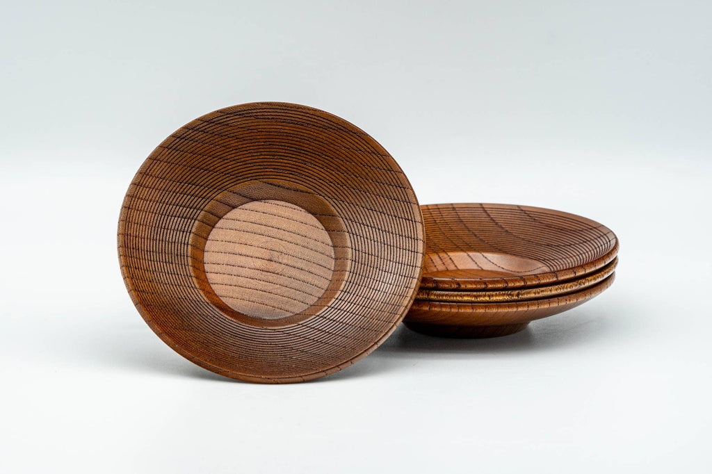 Japanese Chataku - Set of 4 Spiraling Wooden Tea Saucers