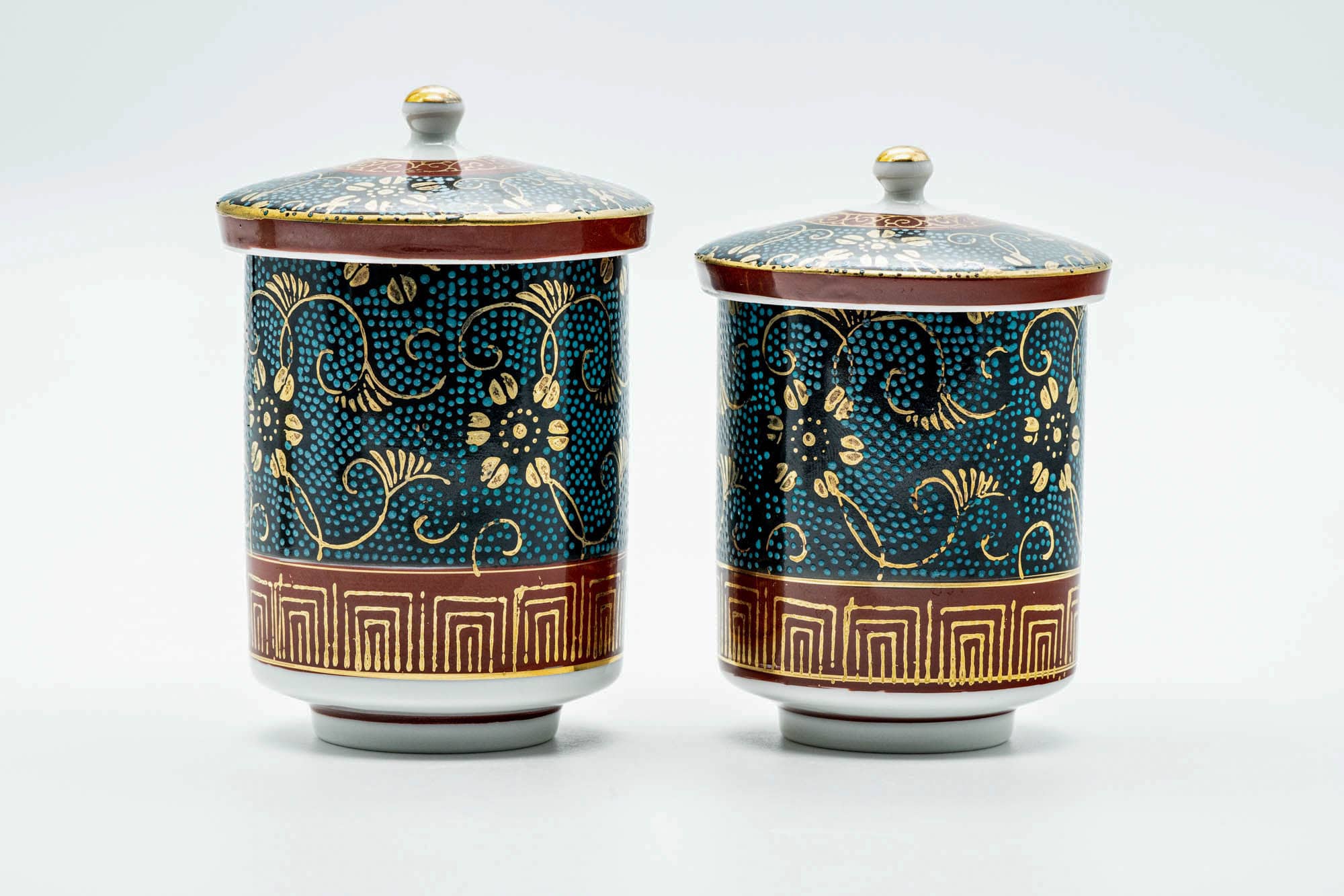 Japanese Teacups - Pair of Blue Gold Aochibu Kutani-yaki Lidded Meoto Yunomi