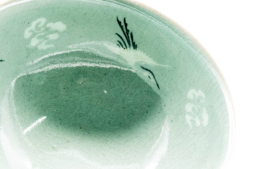 Japanese Matcha Bowl - Green Celadon Glazed Floral Egret Chawan - 150ml