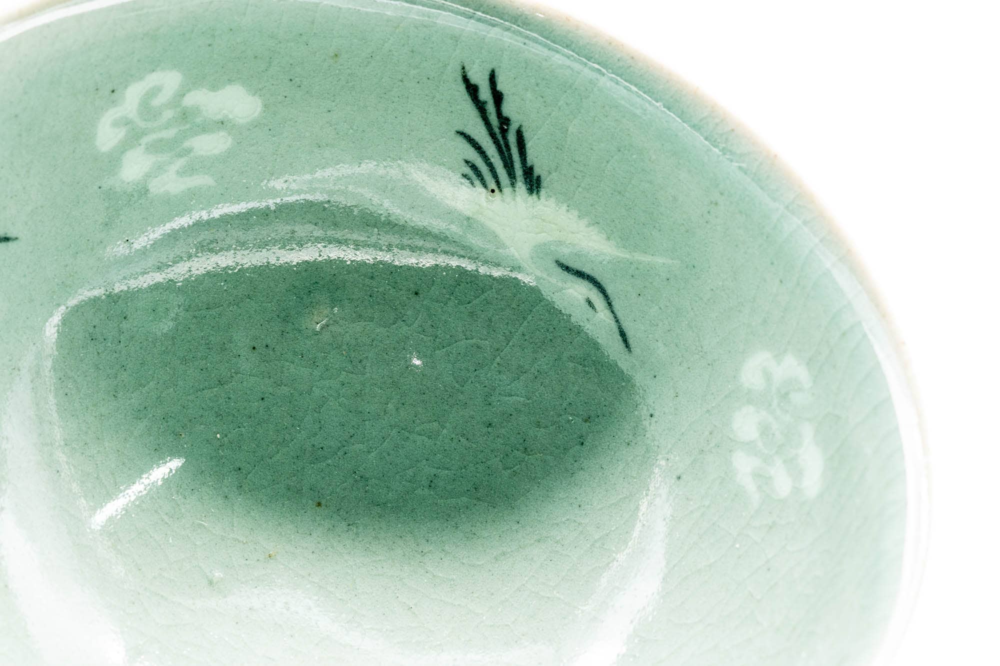 Japanese Matcha Bowl - Green Celadon Glazed Floral Egret Chawan - 150ml