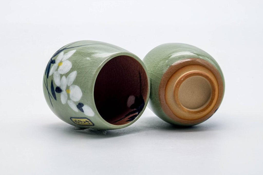 Japanese Teacups - Pair of Floral Green Celadon Floral Meoto Yunomi