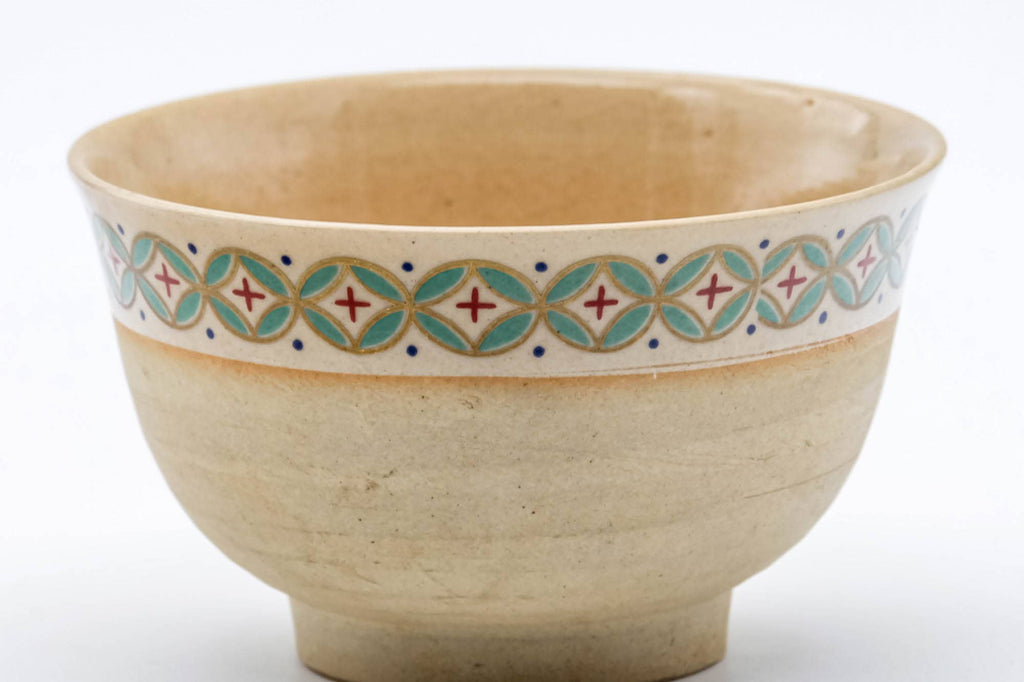 Japanese Teacups - Set of 3 Beige Green Patterned Kiyomizu-yaki Yunomi - 125ml