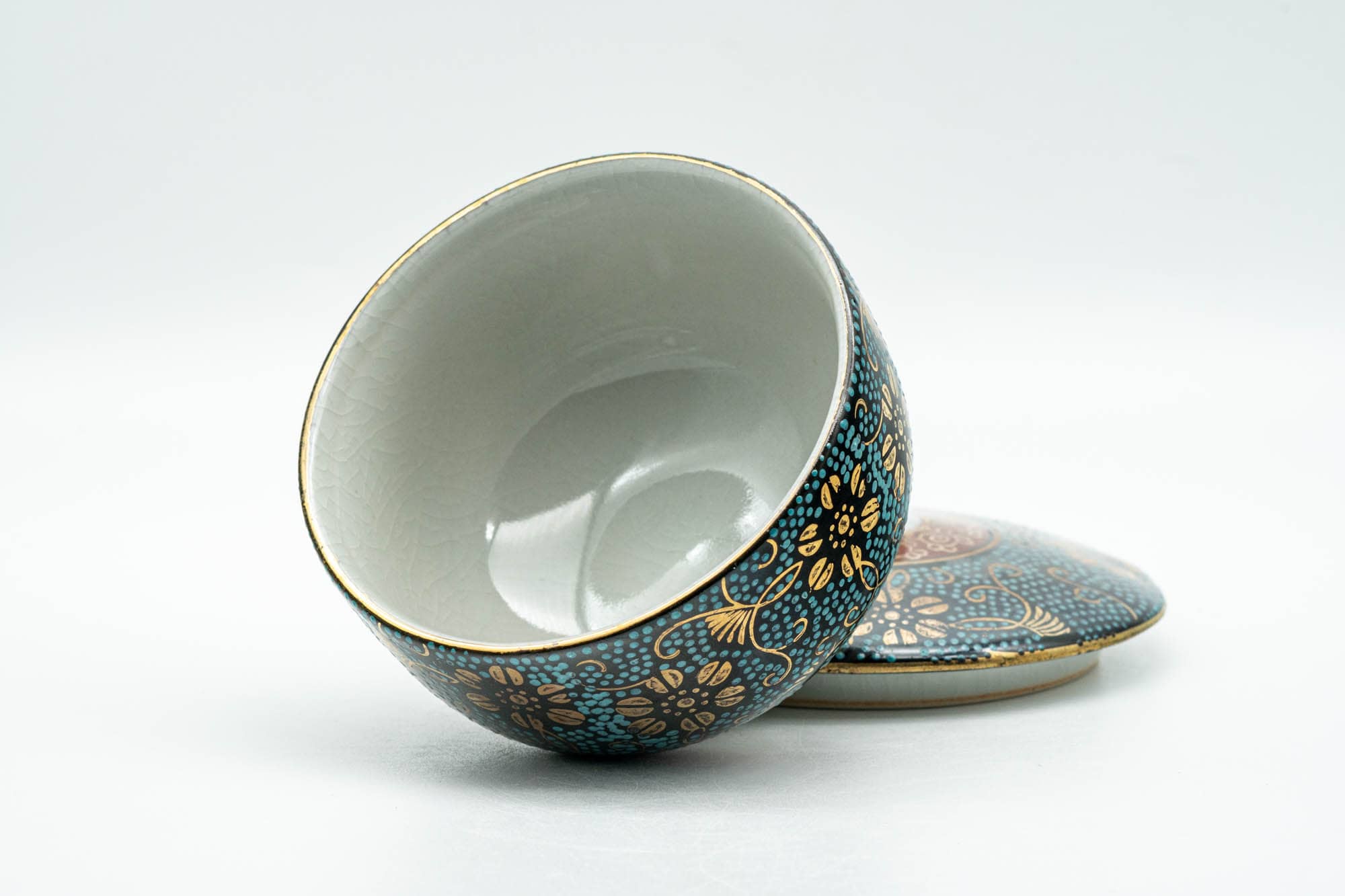 Japanese Teacup - 九谷焼 Floral Aochibu Kutani-yaki Porcelain Lidded Yunomi - 120ml