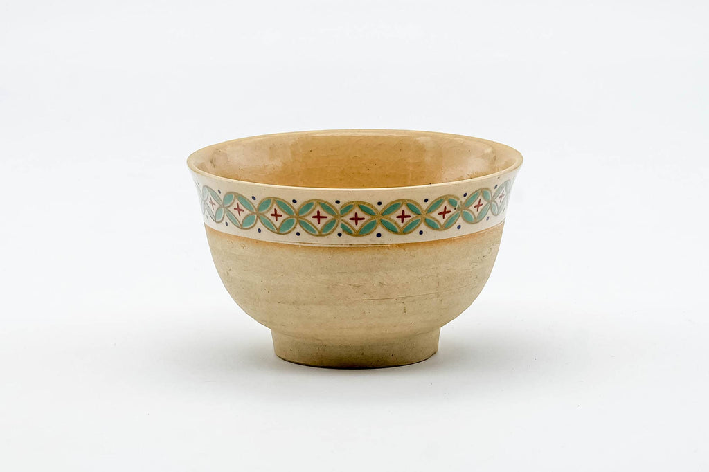 Japanese Teacups - Set of 3 Beige Green Patterned Kiyomizu-yaki Yunomi - 125ml
