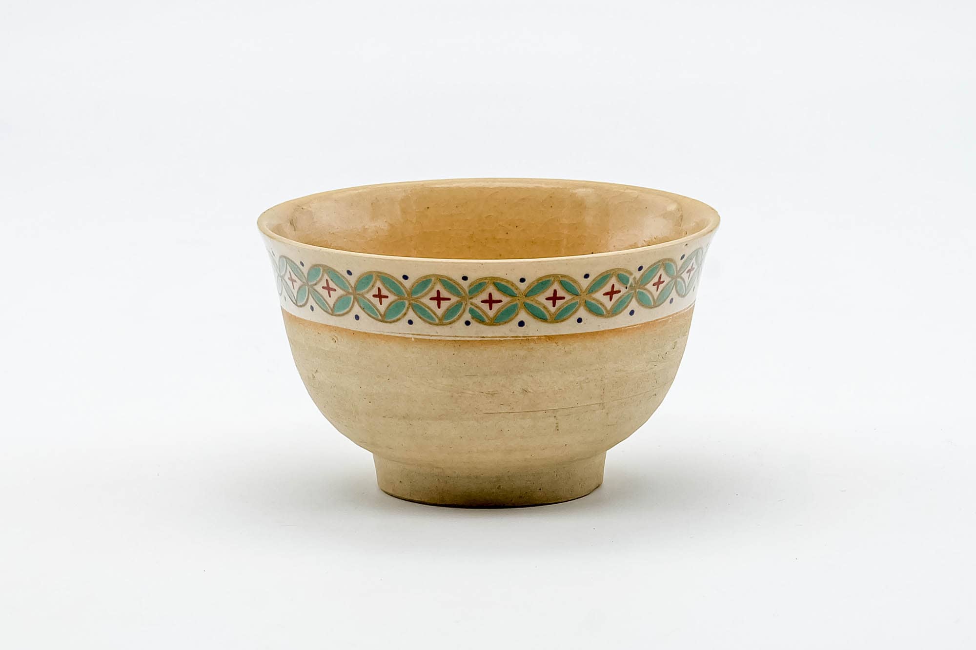 Japanese Teacups - Set of 3 Beige Green Patterned Kiyomizu-yaki Yunomi - 125ml