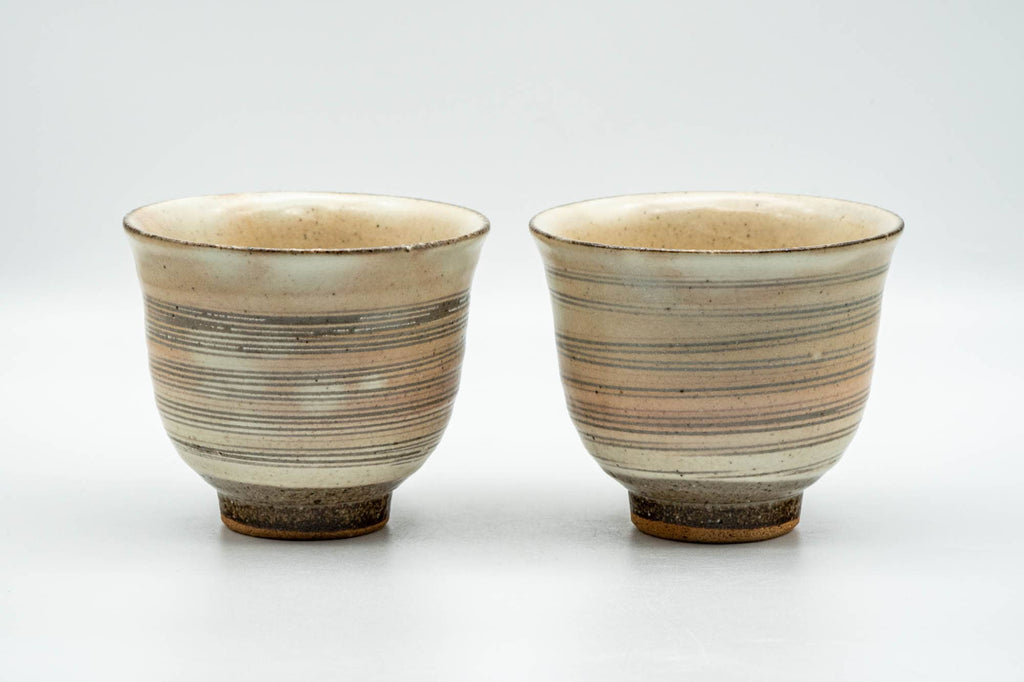 Japanese Teacups - Pair of Beige Pink Glazed Spiraling Yunomi - 150ml