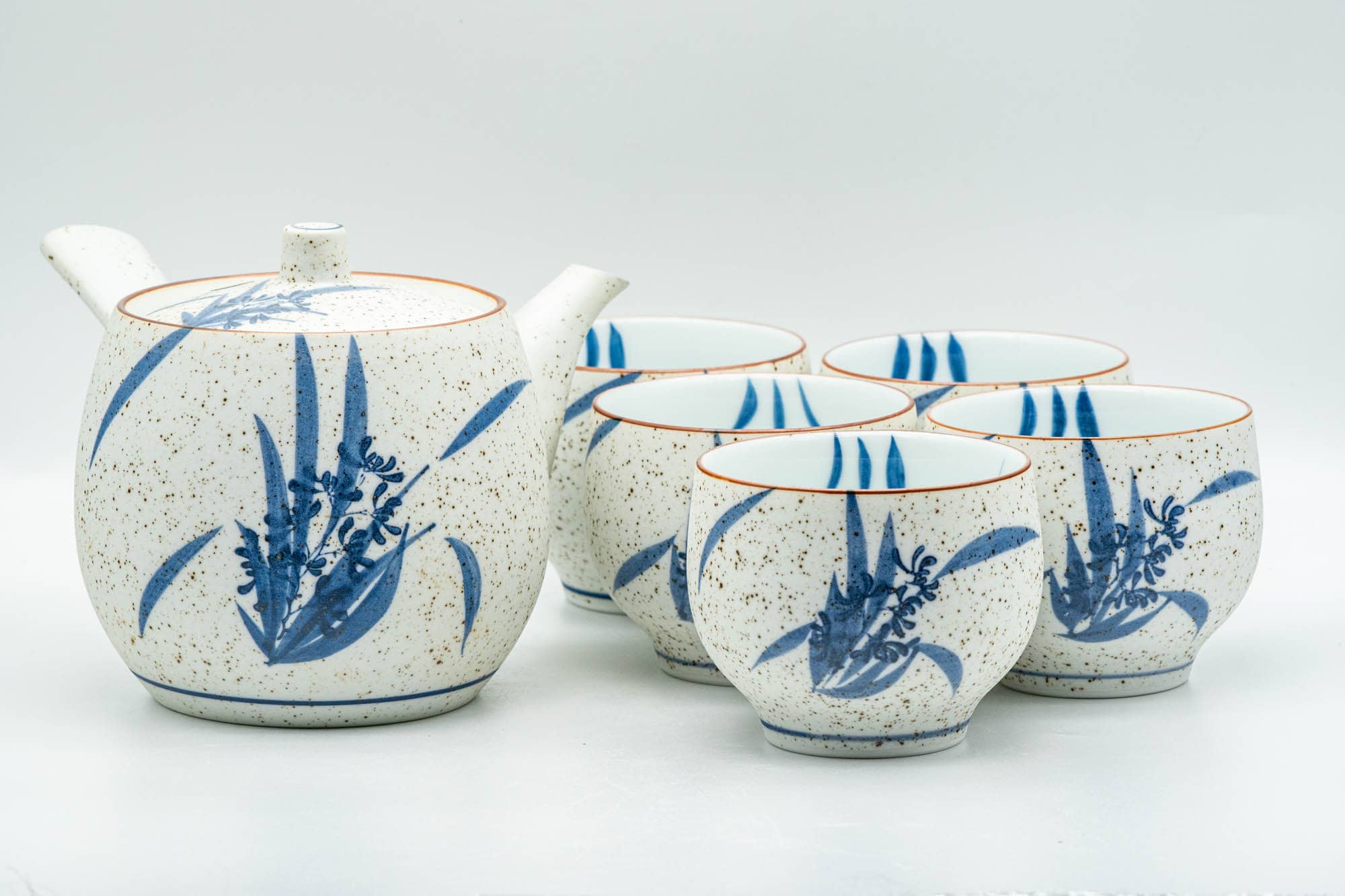 Japanese Tea Set - Blue Floral White Matte Glazed Arita-yaki Debeso Kyusu Teapot and 5 Yunomi Teacups