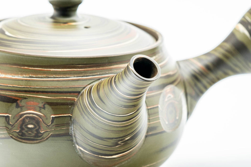 Japanese Kyusu - Carved Green Marbled Nerikomi Tokoname-yaki Mesh Teapot - 300ml