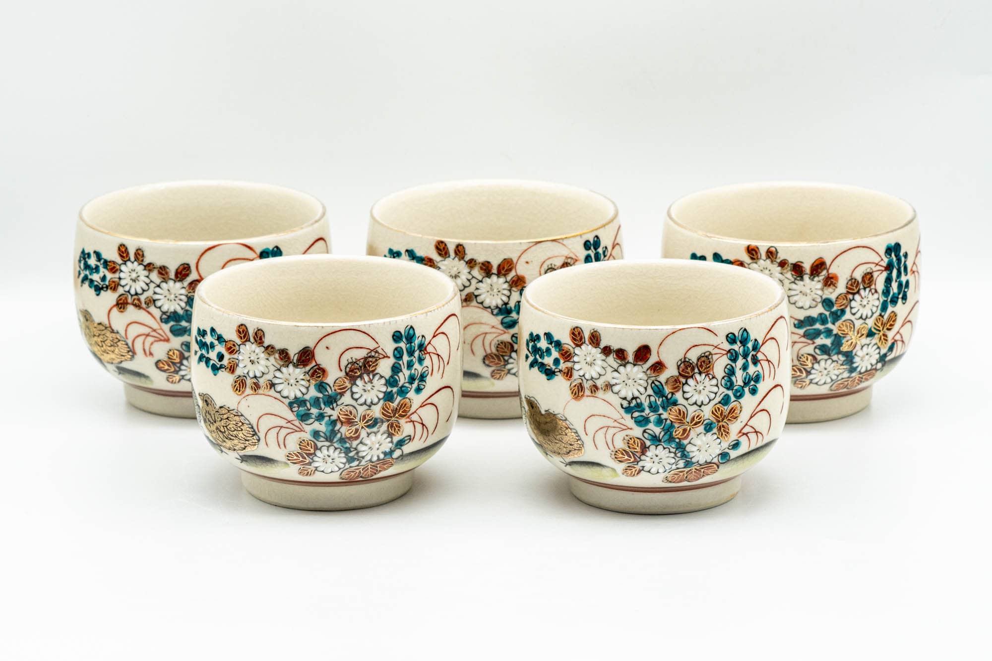 Japanese Tea Set - Gold Red Floral Kutani-yaki Kyusu Teapot with 5 Yunomi Teacups