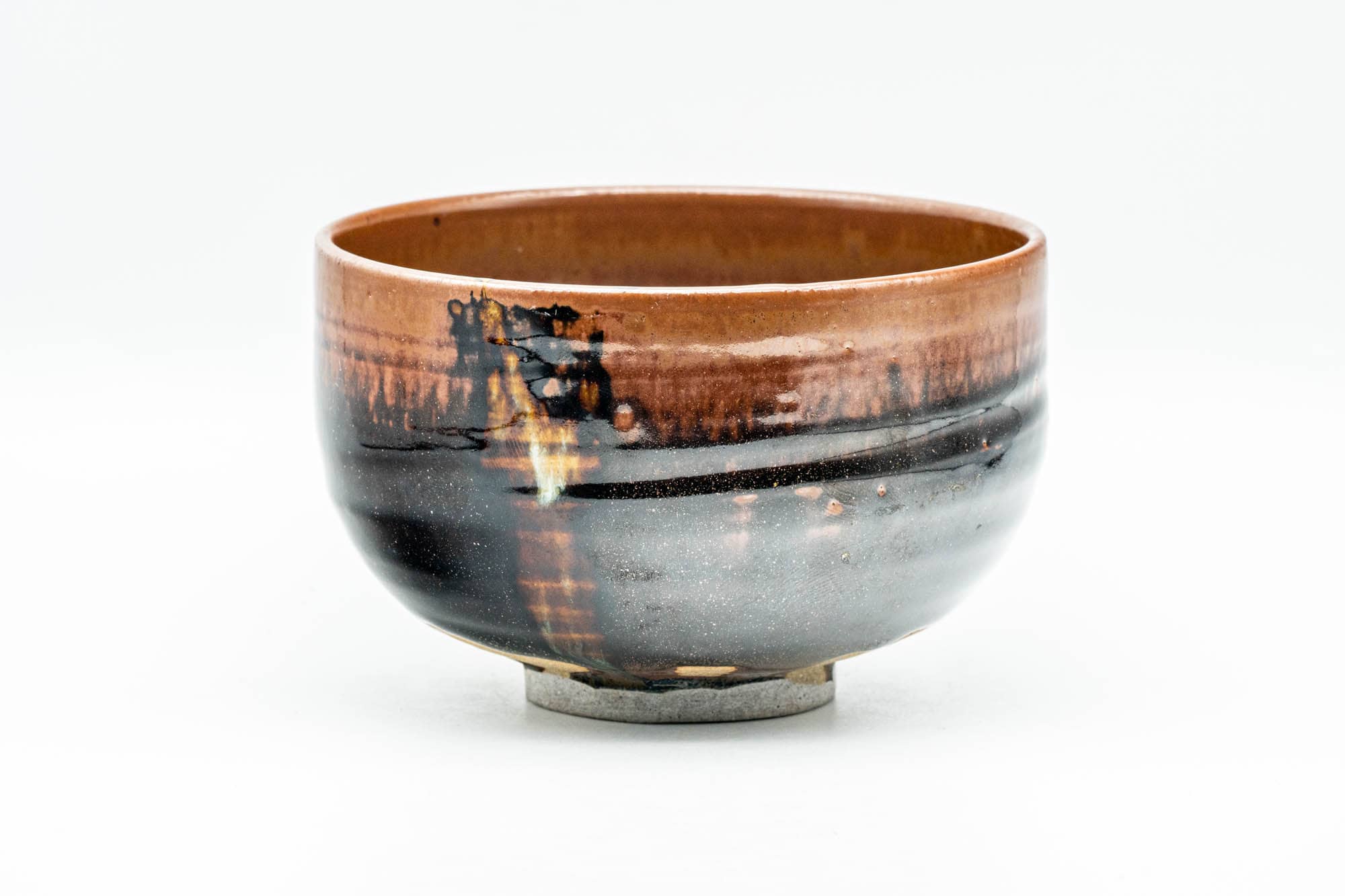 Japanese Matcha Bowl - Black Brown Drip-Glazed Hantsutsu-gata Chawan - 天山窯 - 350ml