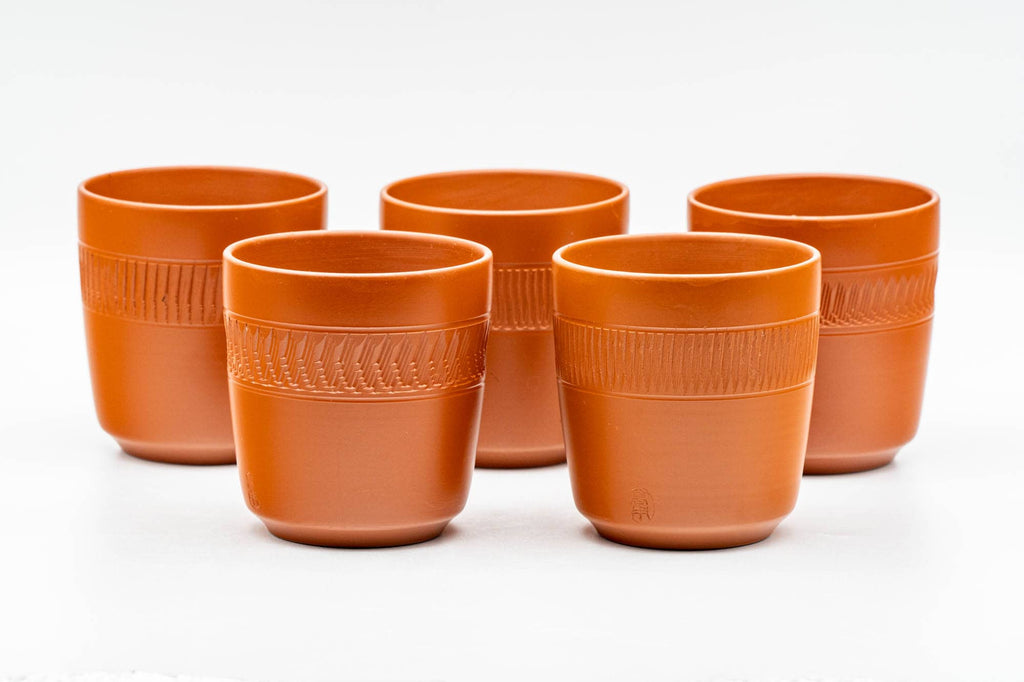 Japanese Teacups - Set of 5 Red Shudei Tochiri Engraved Tokoname-yaki Yunomi - 110ml