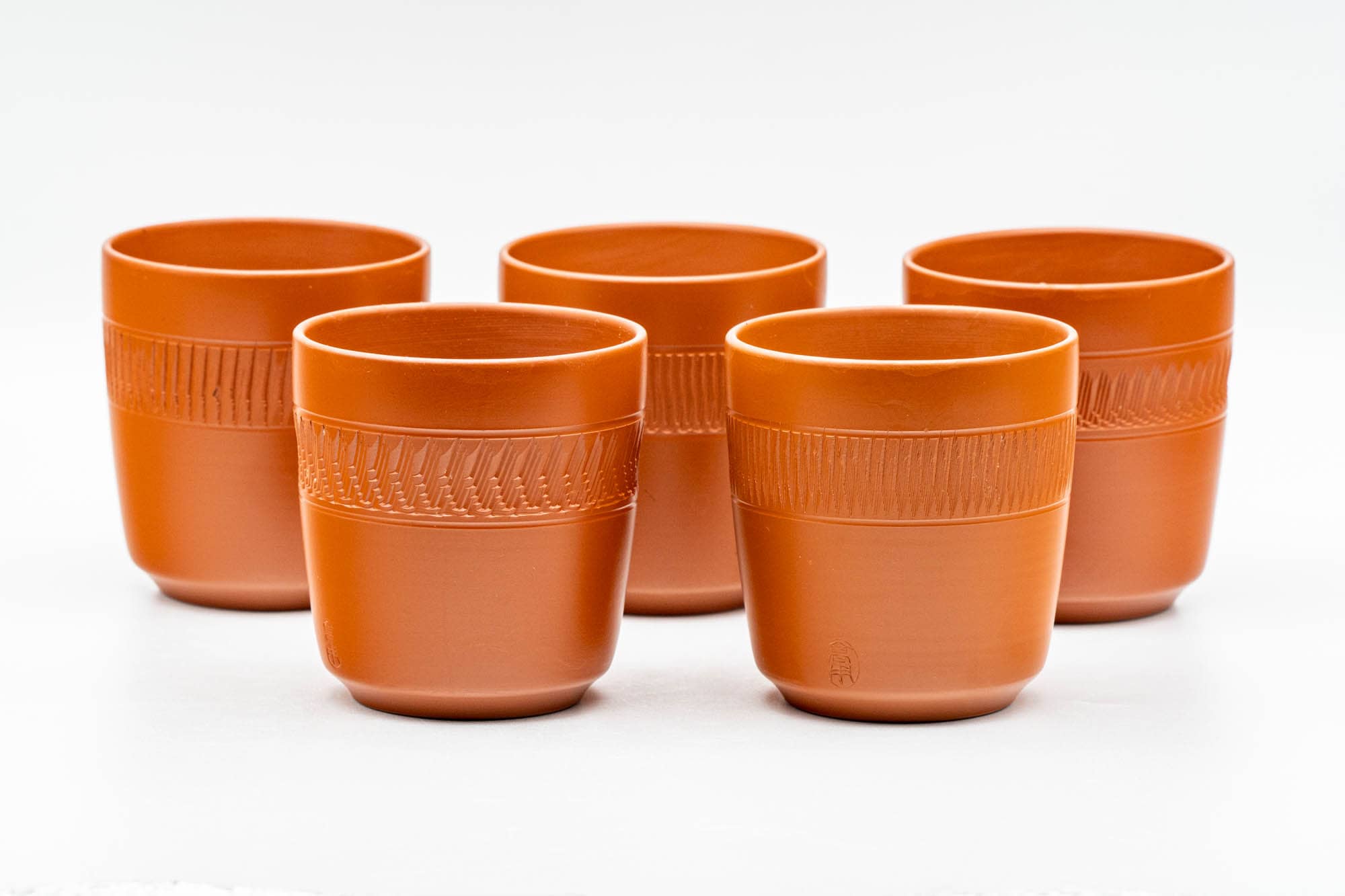 Japanese Teacups - Set of 5 Red Shudei Tochiri Engraved Tokoname-yaki Yunomi - 110ml