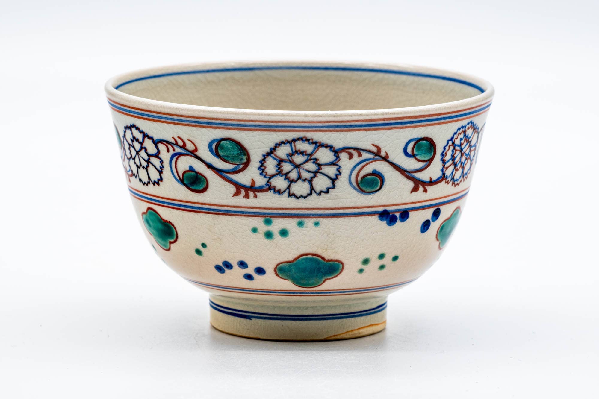 Japanese Matcha Bowl - Floral Geometric Trim Beni-Annan Chawan - 250ml
