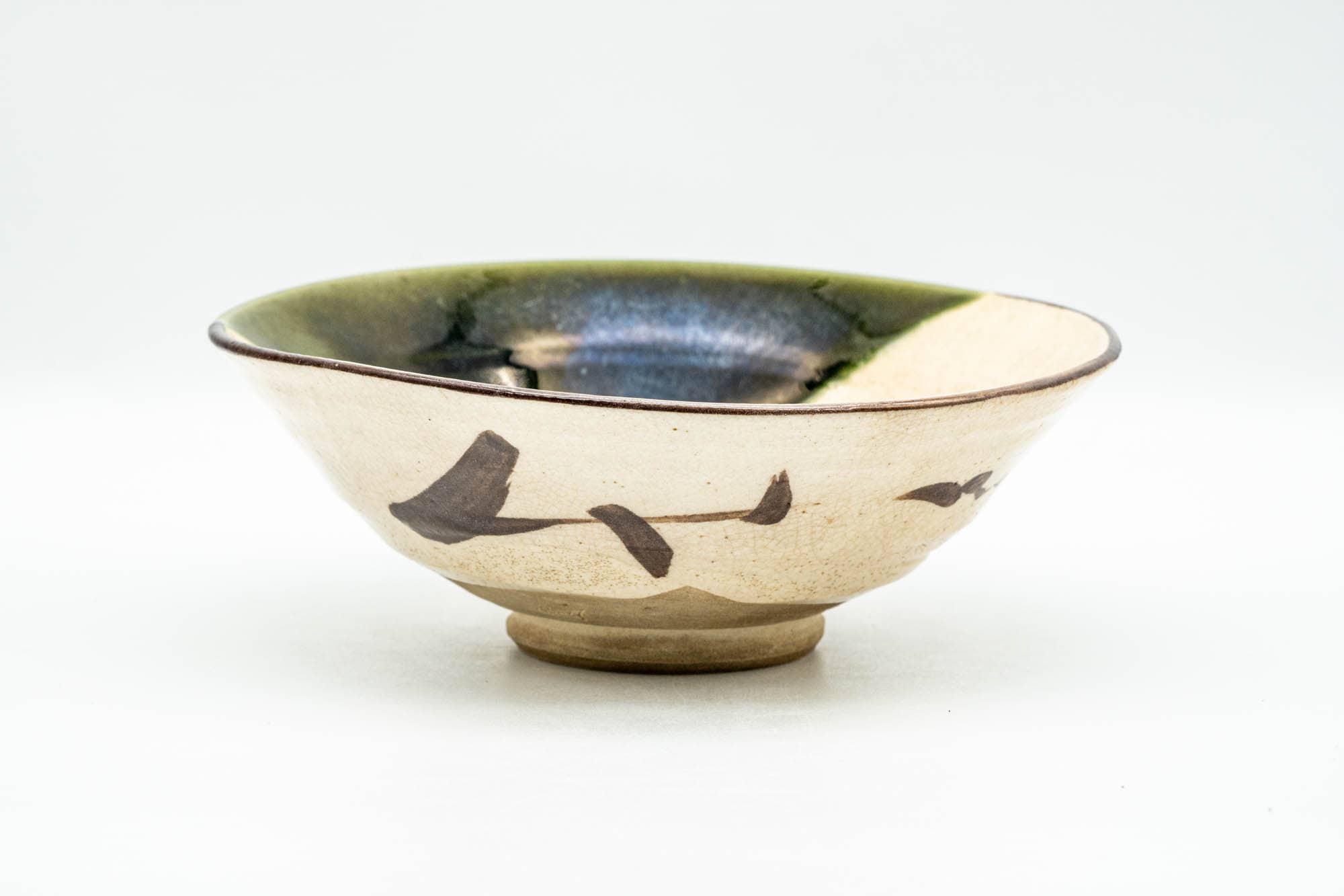 Japanese Matcha Bowl - Biege Green Glazed Oribe-yaki Summer Chawan - 150ml
