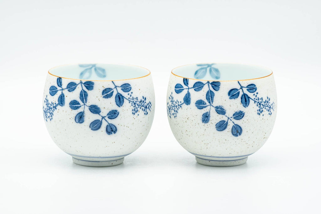Japanese Teacups - Pair of Blue Floral Arita-yaki Yunomi - 150ml