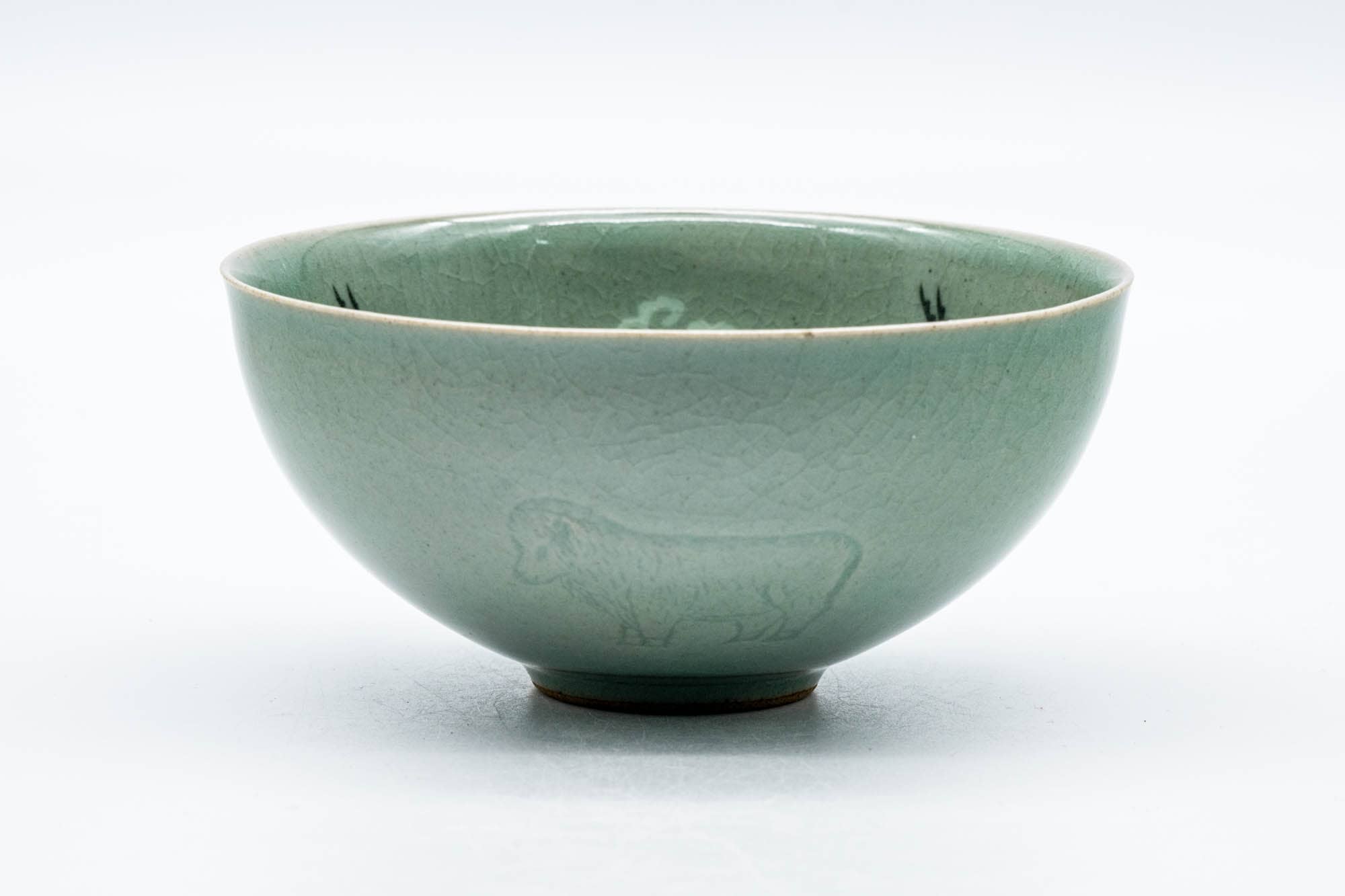 Japanese Matcha Bowl - Green Celadon Glazed Floral Egret Chawan - 150ml