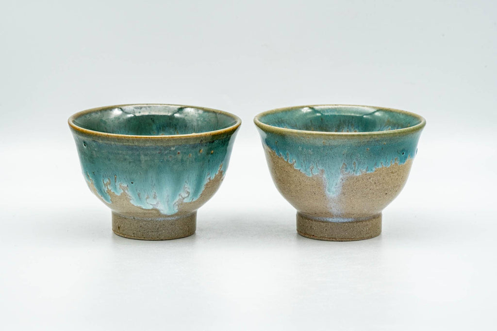 Japanese Teacups - Pair of Turquoise Drip-Glazed Agano-yaki Yunomi - 75ml