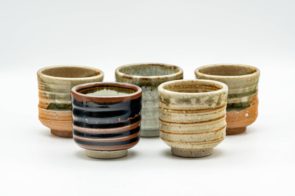 Japanese Tea Set - Set of 5 Uniquely Glazed Shigaraki-yaki Guinomi - 50ml
