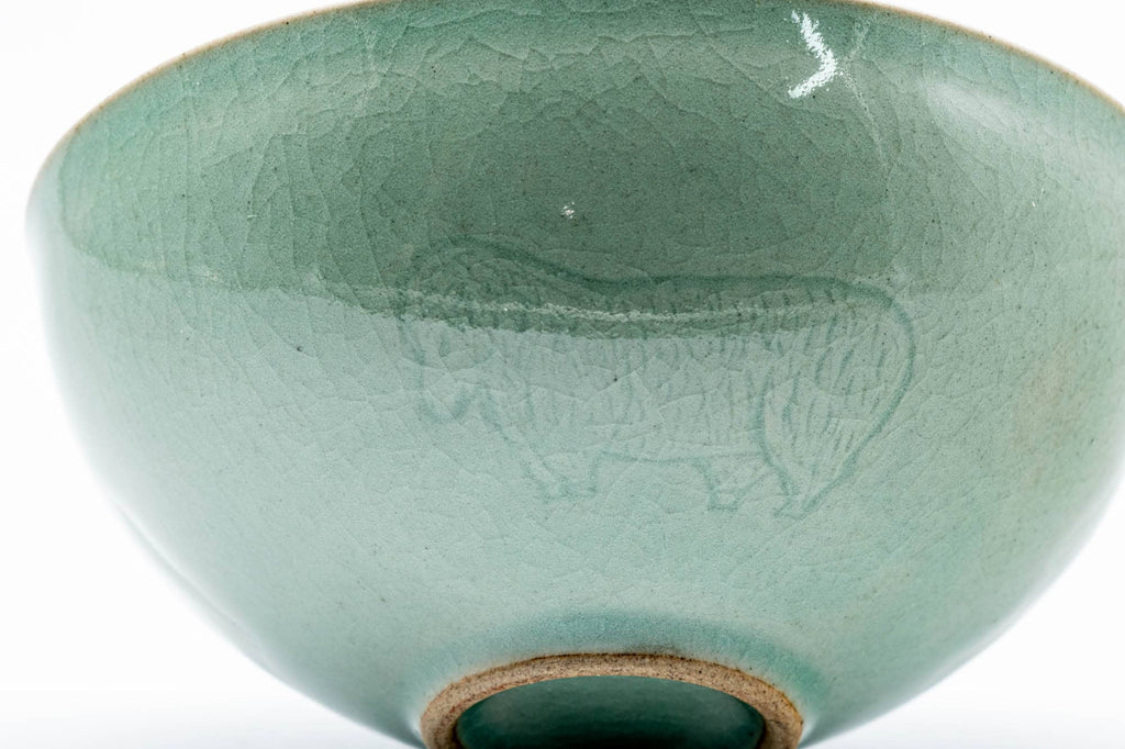 Japanese Matcha Bowl - Green Celadon Glazed Floral Egret Chawan - 150ml