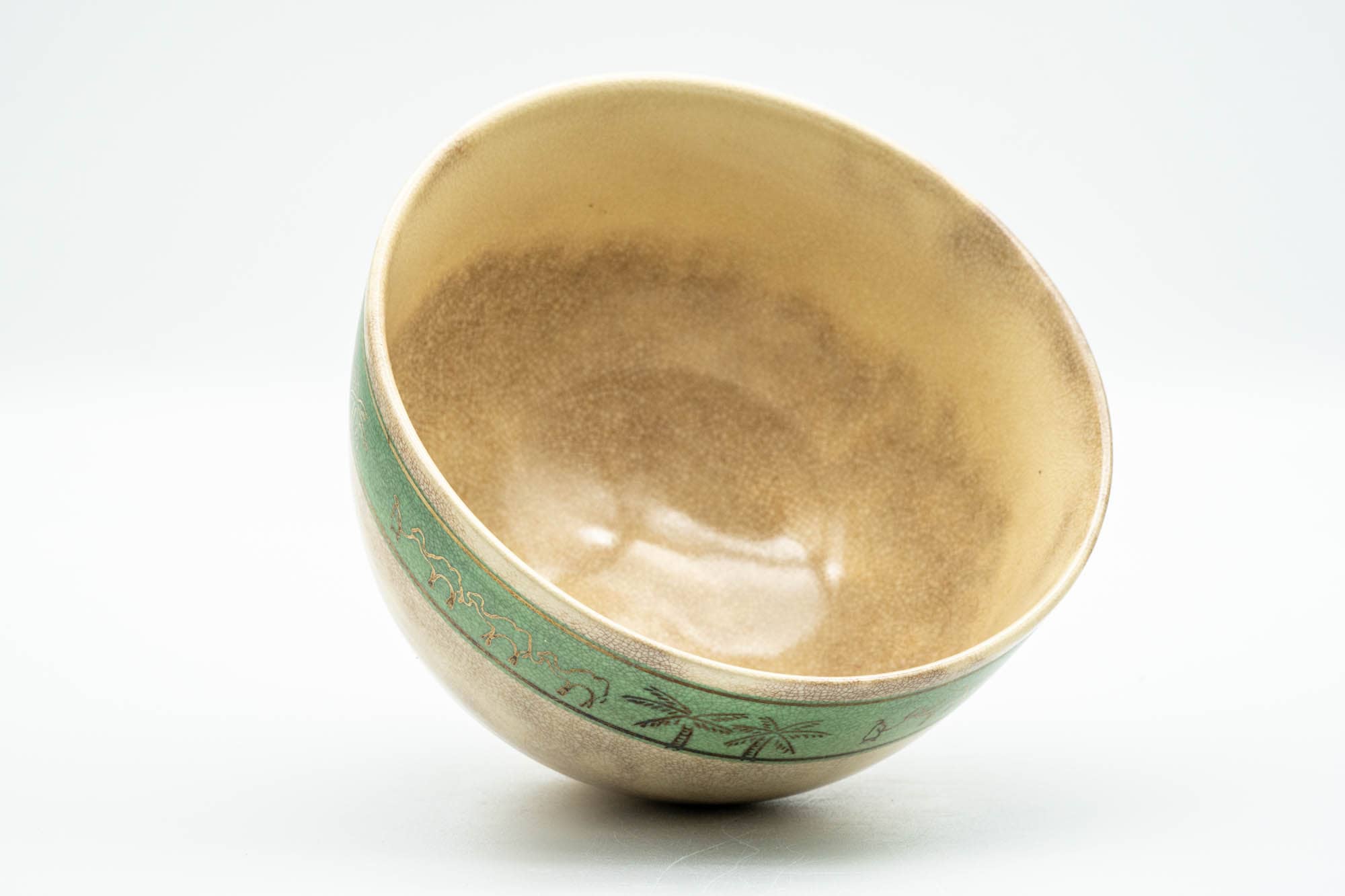 Japanese Matcha Bowl - Camel Green Palm Trees Kyo-yaki Chawan - 350ml
