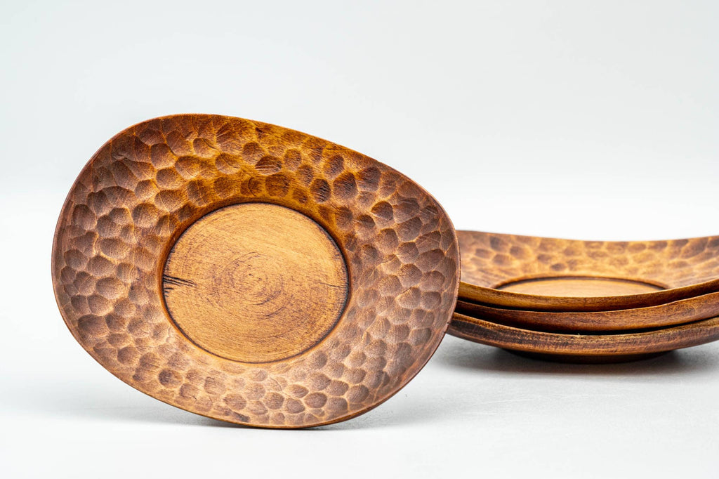 Japanese Chataku - Set of 4 Carved Oval-Shaped Wooden Tea Saucers