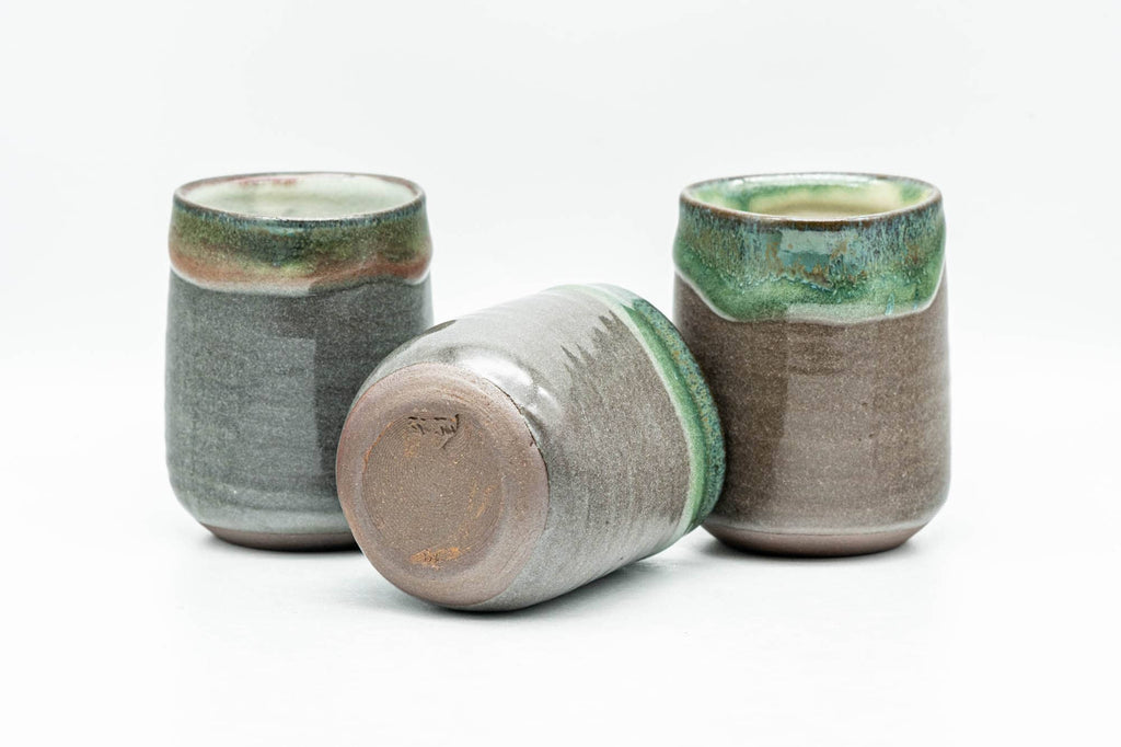 Japanese Teacup - Set of 3 Triangular-Shaped Green Drip-Glazed Yunomi - 90ml
