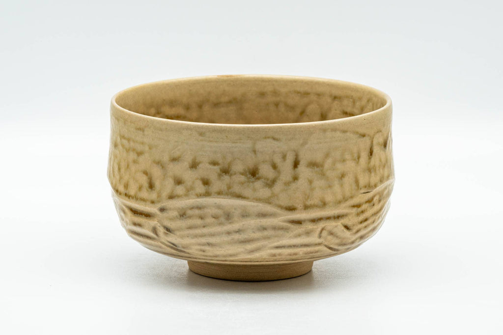 Japanese Matcha Bowl - Beige Green Drip-Glazed Carved Kyo-yaki Chawan - 300ml