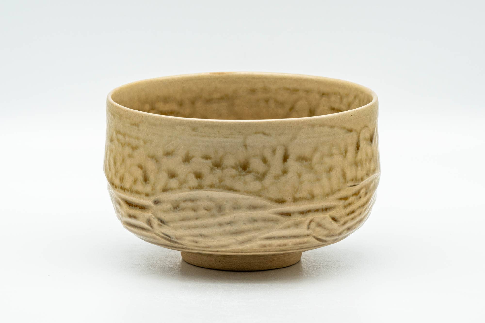 Japanese Matcha Bowl - Beige Green Drip-Glazed Carved Kyo-yaki Chawan - 300ml