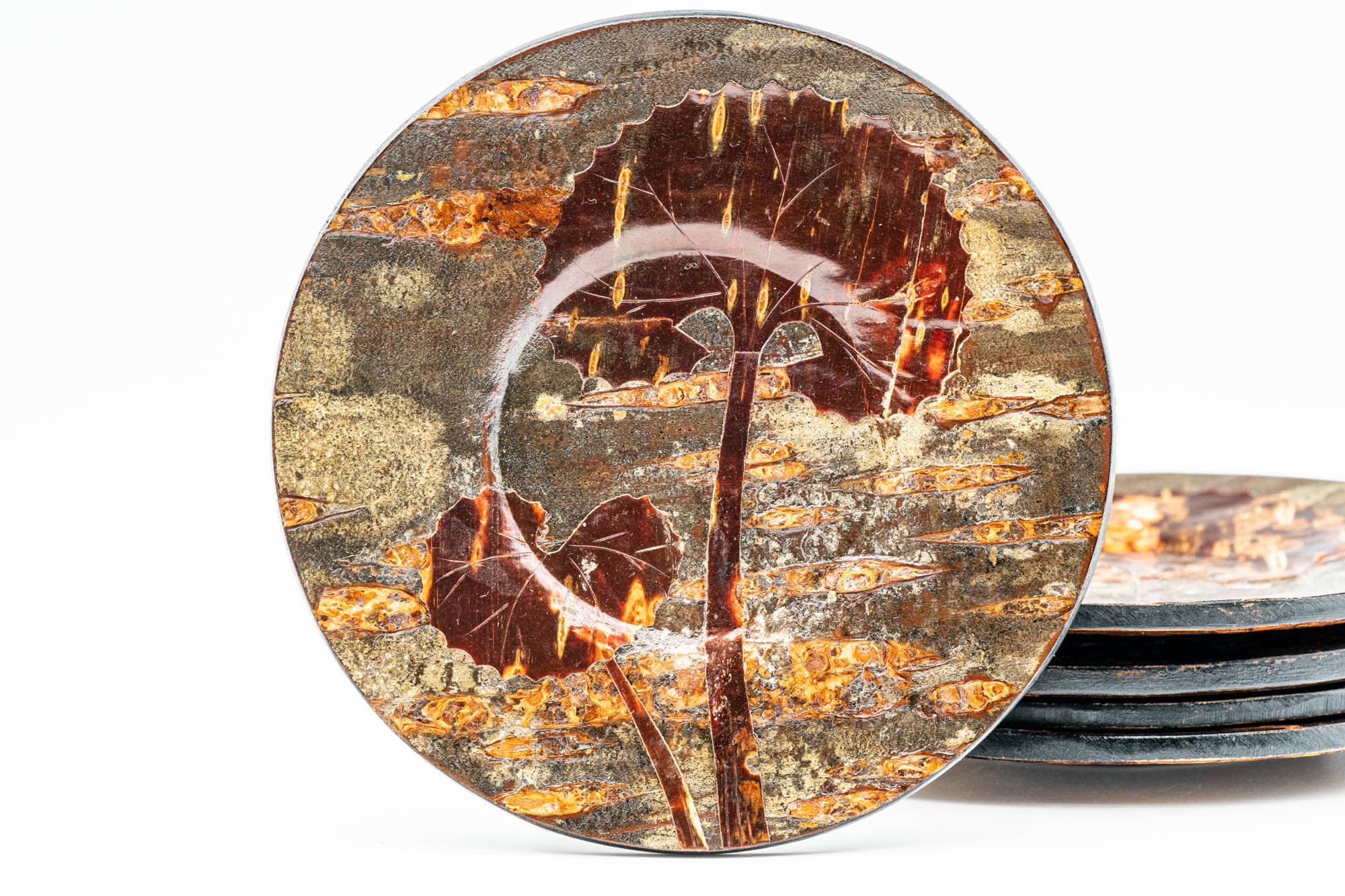 Japanese Chataku - Set of 5 Cherry Bark Fuki Leaf Wooden Tea Saucers