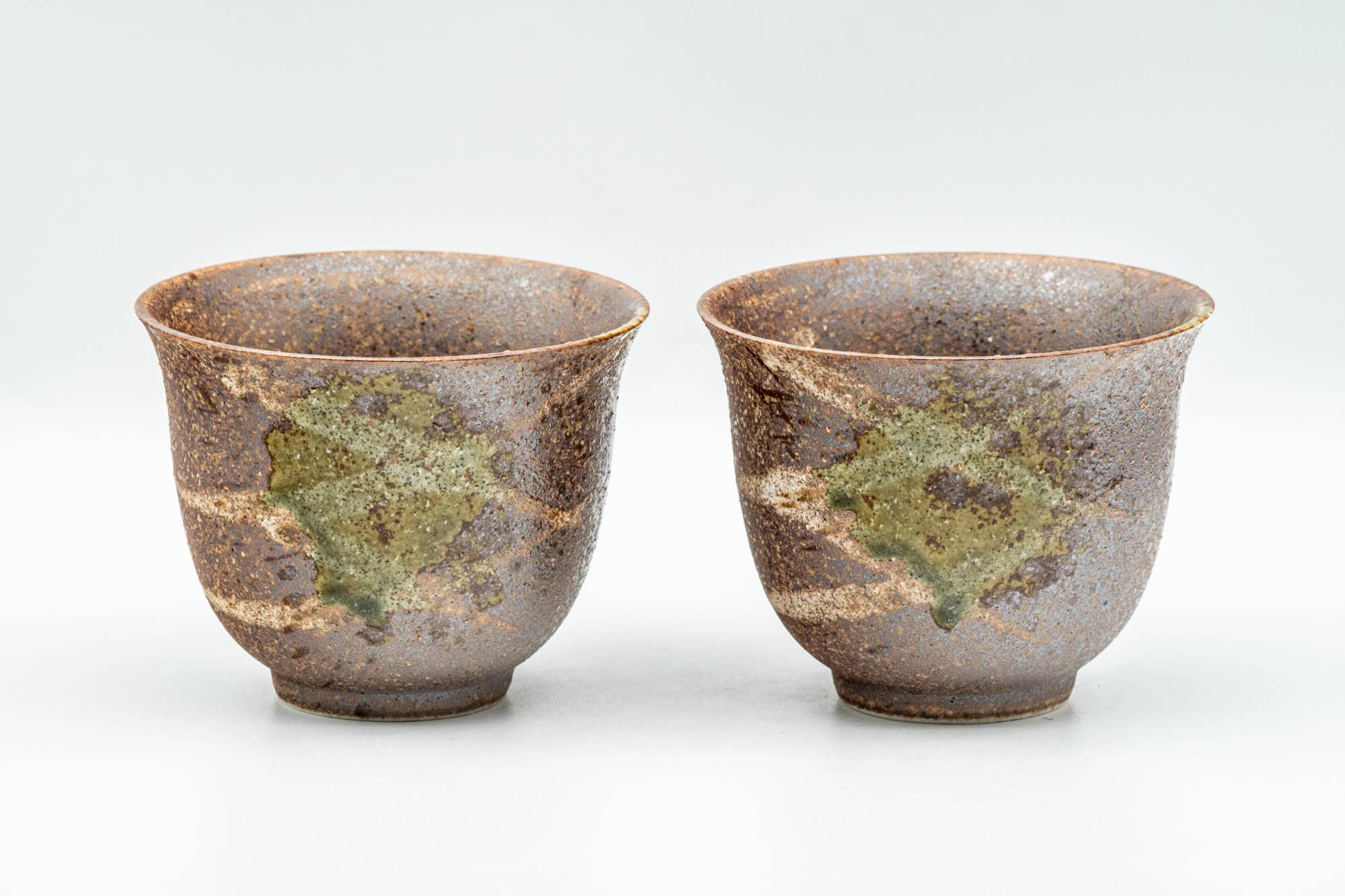 Japanese Teacups - Pair of Green Glazed Brown Textured Yunomi - 125ml