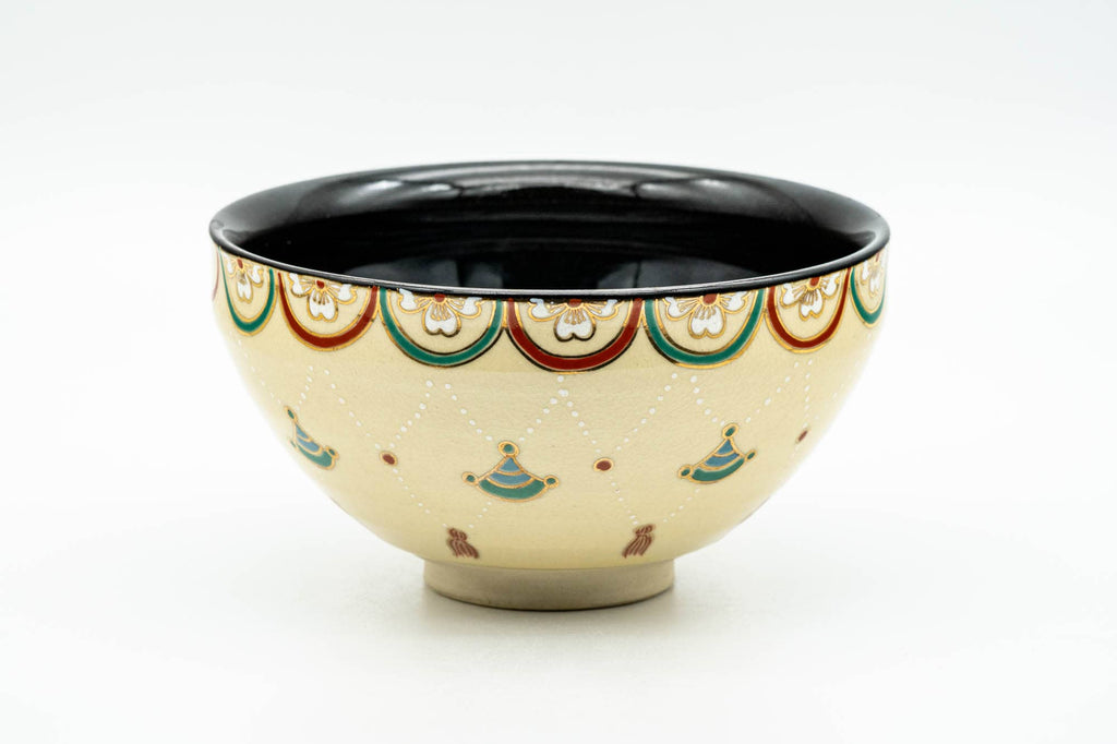 Japanese Matcha Bowl - Sakura Cherry Blossoms Geometric Black Inner-Glazed Kyo-yaki Chawan - 250ml