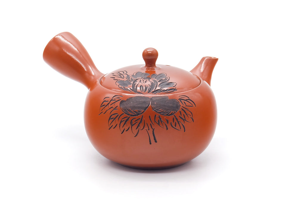 Japanese Kyusu - Engraved Floral Red Shudei Tokoname Mesh Teapot - 320ml