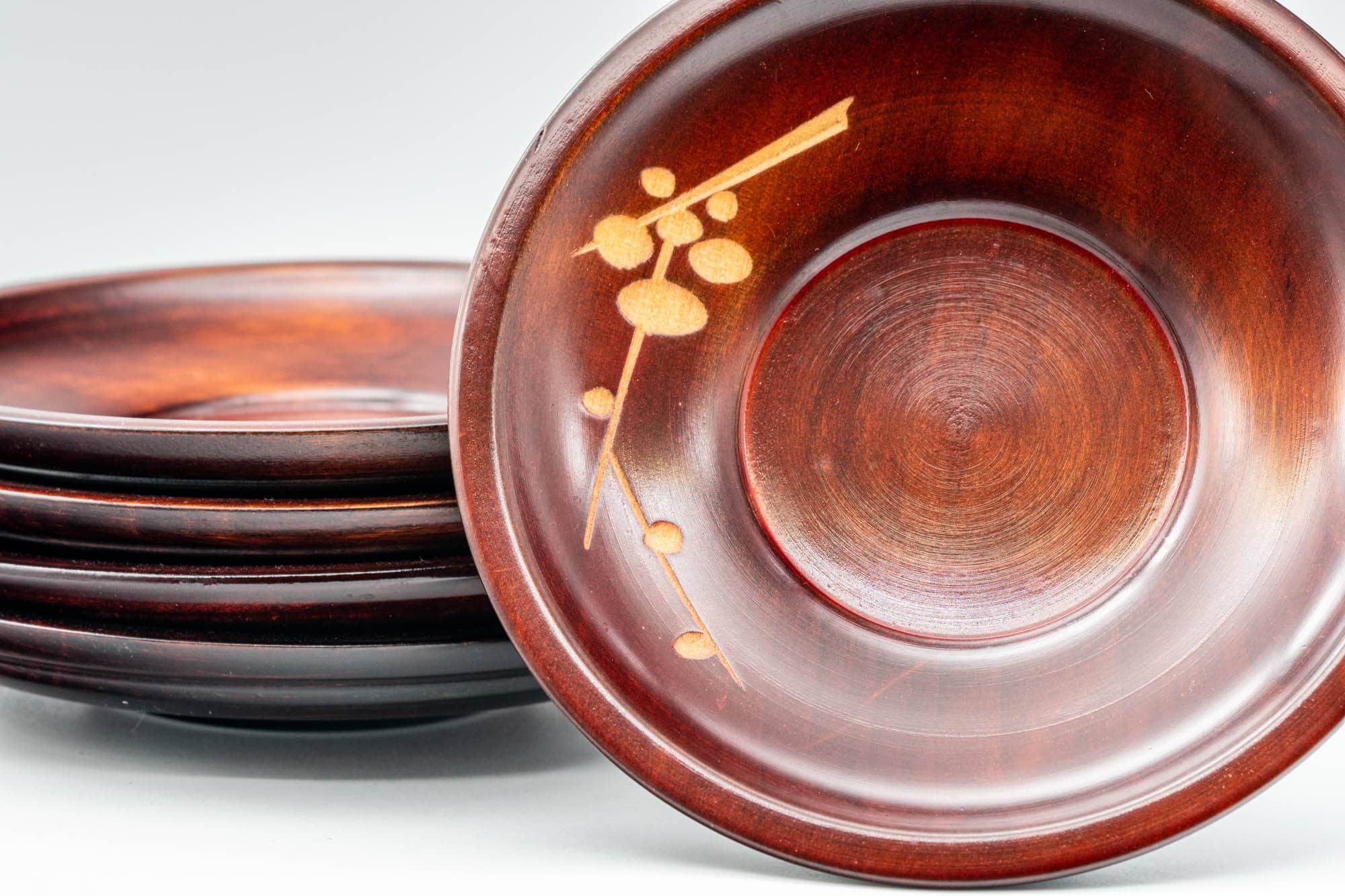 Japanese Chataku - Set of 5 Floral Engraved Red Wood Tea Saucers