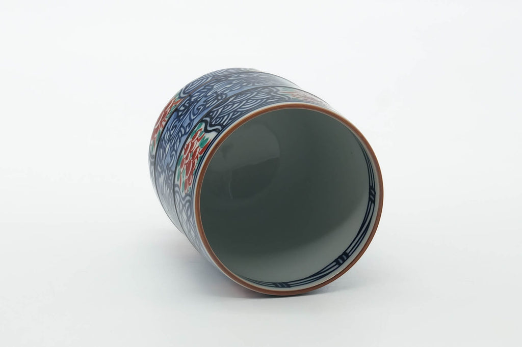Japanese Teacup - Blue Floral Geometric Arita-yaki Yunomi - 245ml
