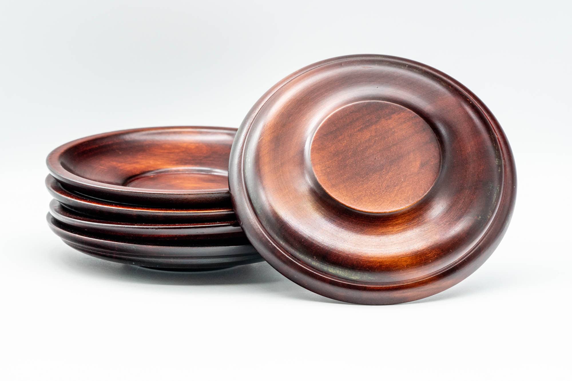 Japanese Chataku - Set of 5 Floral Engraved Red Wood Tea Saucers