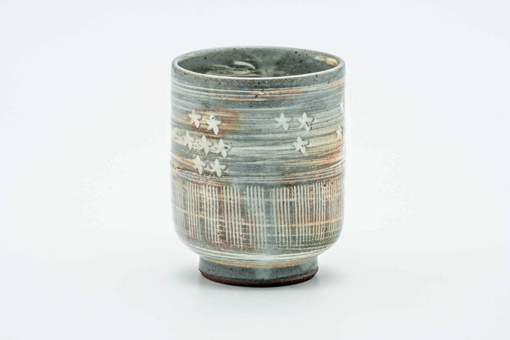 Japanese Teacup - Grey White Floral Engraved Kiyomizu-yaki Yunomi - 150ml